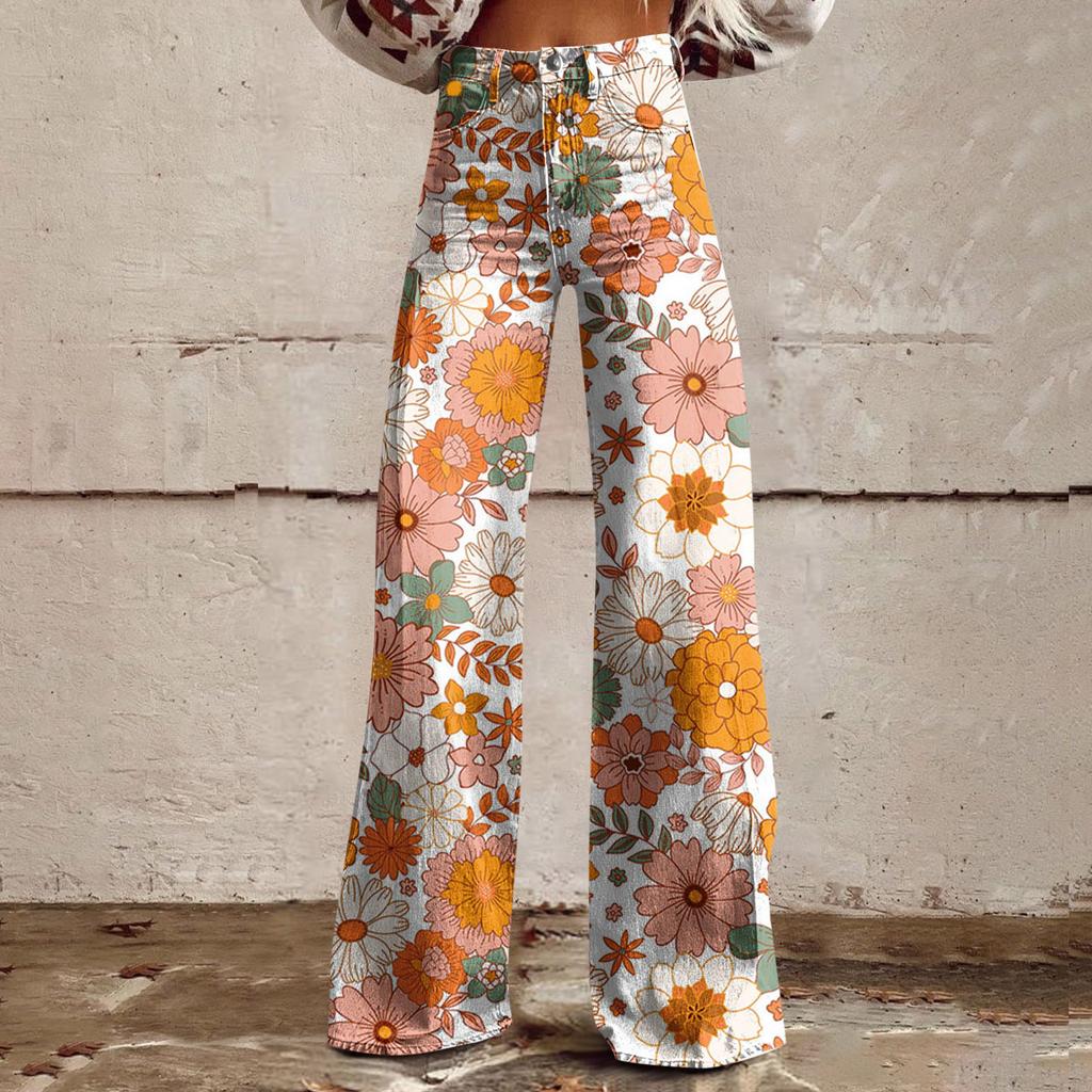 Широкие расклешенные джинсы для женщин с карманами, мешковатые брюки с винтажным цветочным принтом и высокой талией, свободные брюки