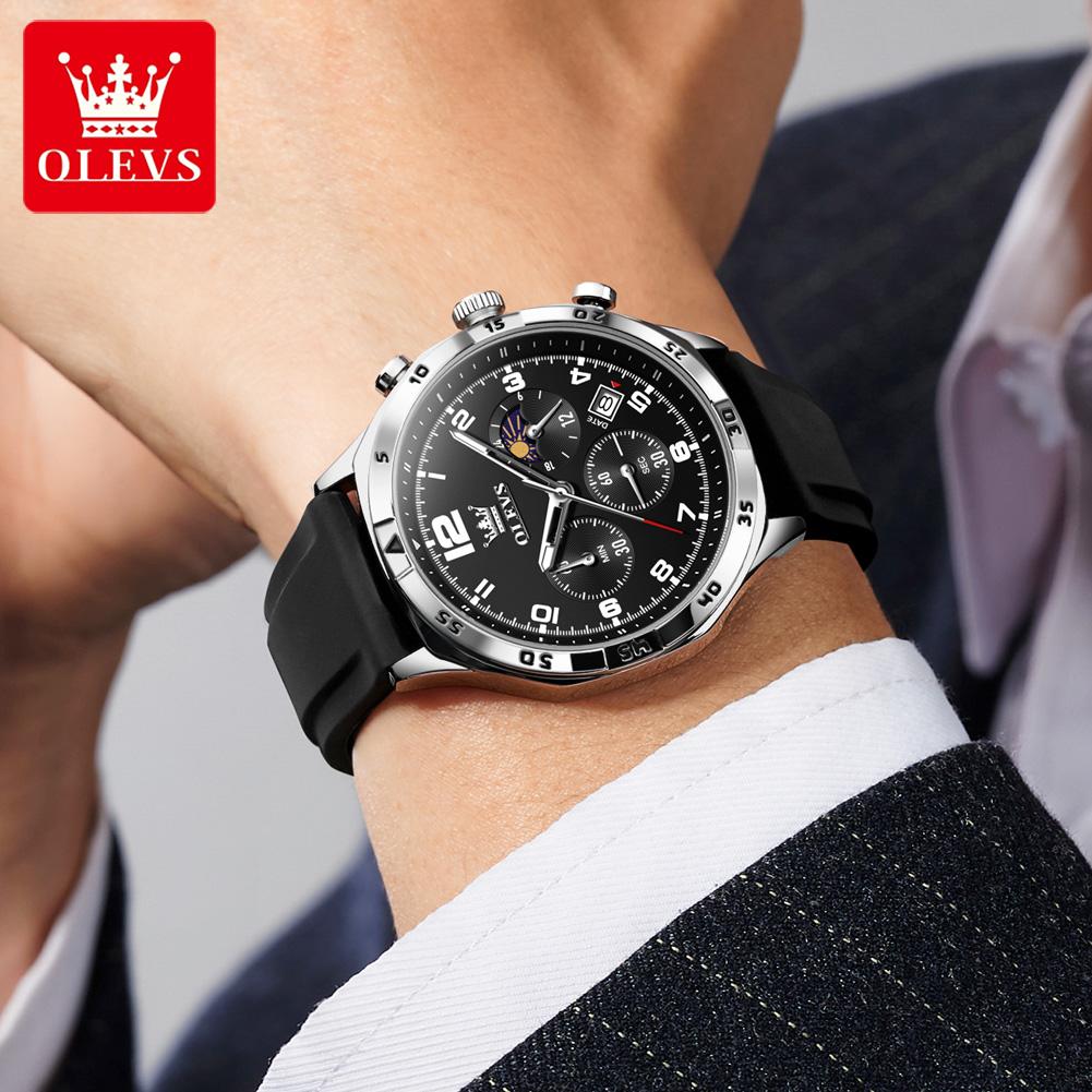 OLEVS Men's Watches Casual Trend Silicone Strap Original Quartz Wristwatch for Man Waterproof Luminous Moon Phase Chronograph