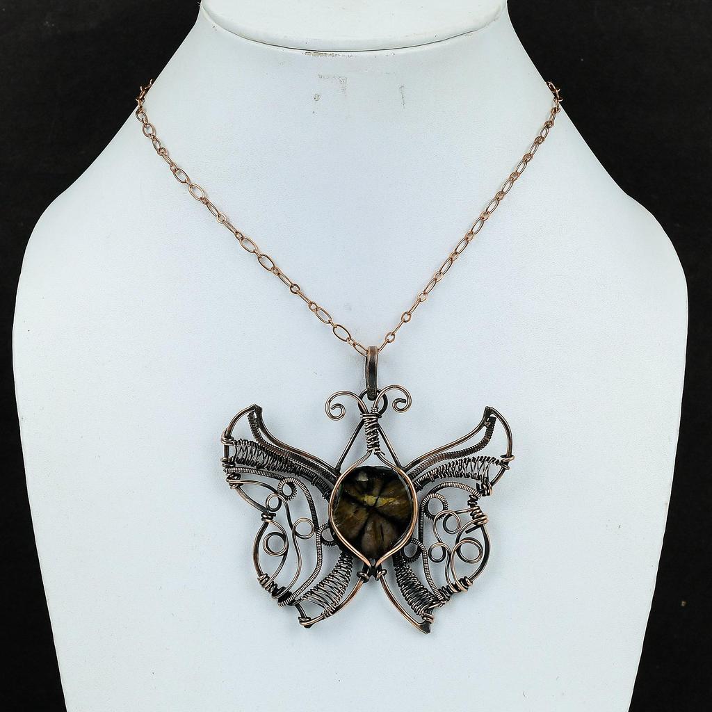 Подвеска из хиастолита, подвеска из медной проволоки, подвеска в виде бабочки, ювелирные изделия ручной работы, подвеска из натурального драгоценного камня, медные ювелирные изделия, подарки на годовщину