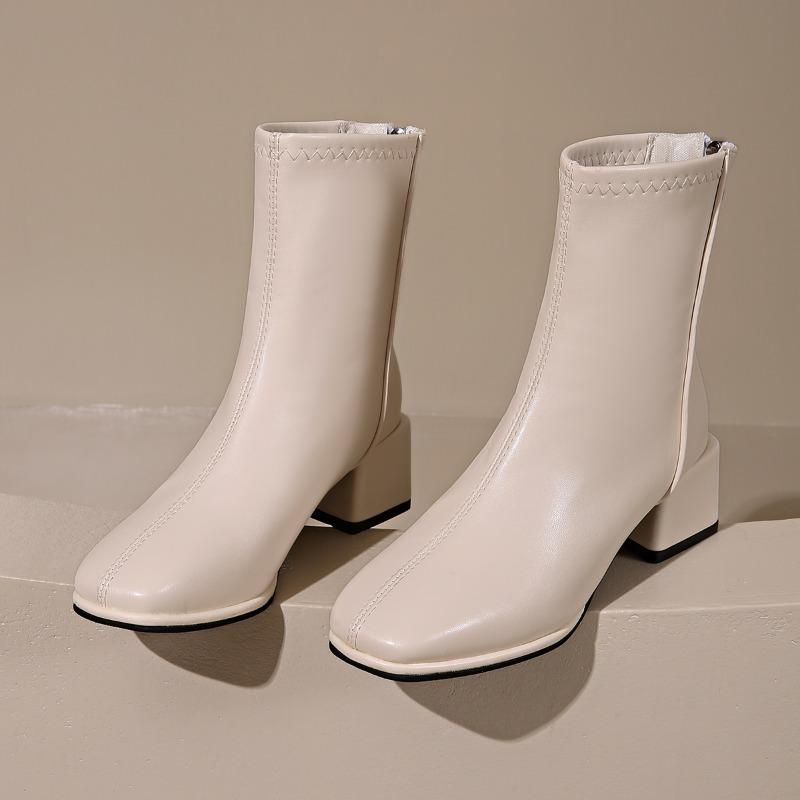 Модные женские ботинки на толстой подошве, однотонные, с оттенком белого, осень 2024, с застежкой-молнией сзади, с круглым носком, женские ботильоны Botines De Mujer
