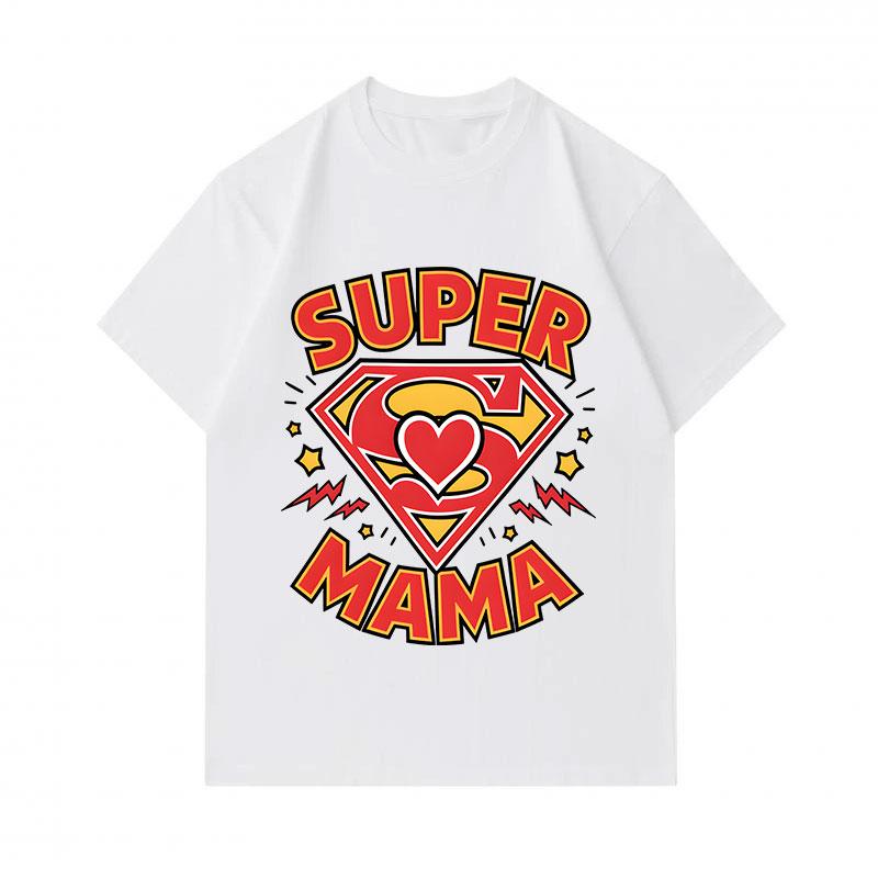 100% Cotton Men's Crew Neck Short Sleeve T-Shirt, Super Mama Superhero Heart Printed Casual Tee, Breathable Soft Top for Daily Mother's Day Gift Wear