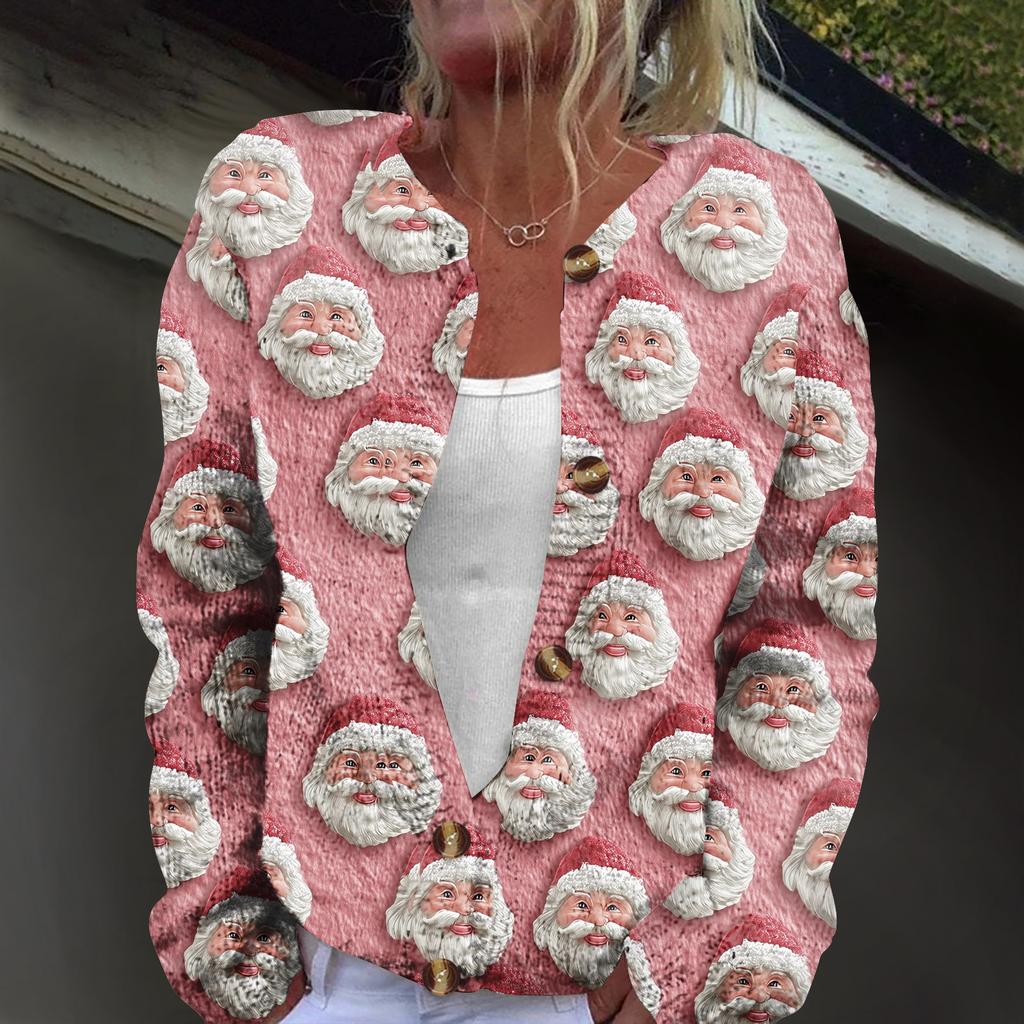 Women's Fashion Christmas Print Long Sleeve Knitted Cardigan Button Jacket