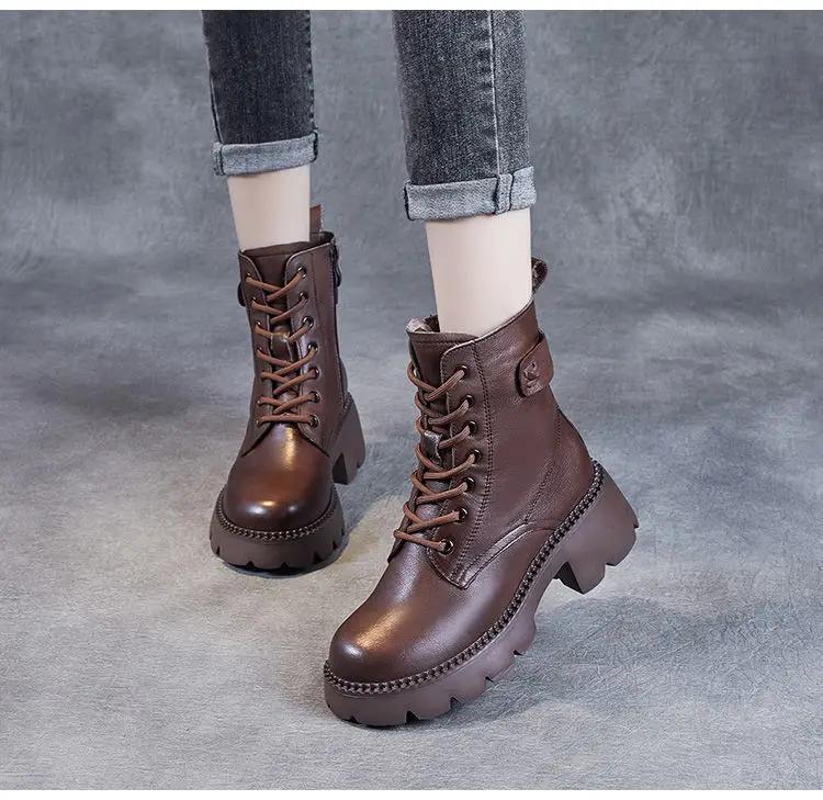 Новые женские ботинки Зимние плюшевые теплые сноубутсы Высококачественные кожаные ботинки для женщин Модные ботильоны на платформе Botas Mujer