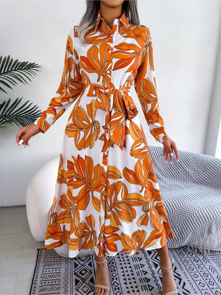 Turndown Collar Printing Button Dress High Waist Elegant Shirt Dress for Women Long Sleeve Loose Dresses Causal Dress
