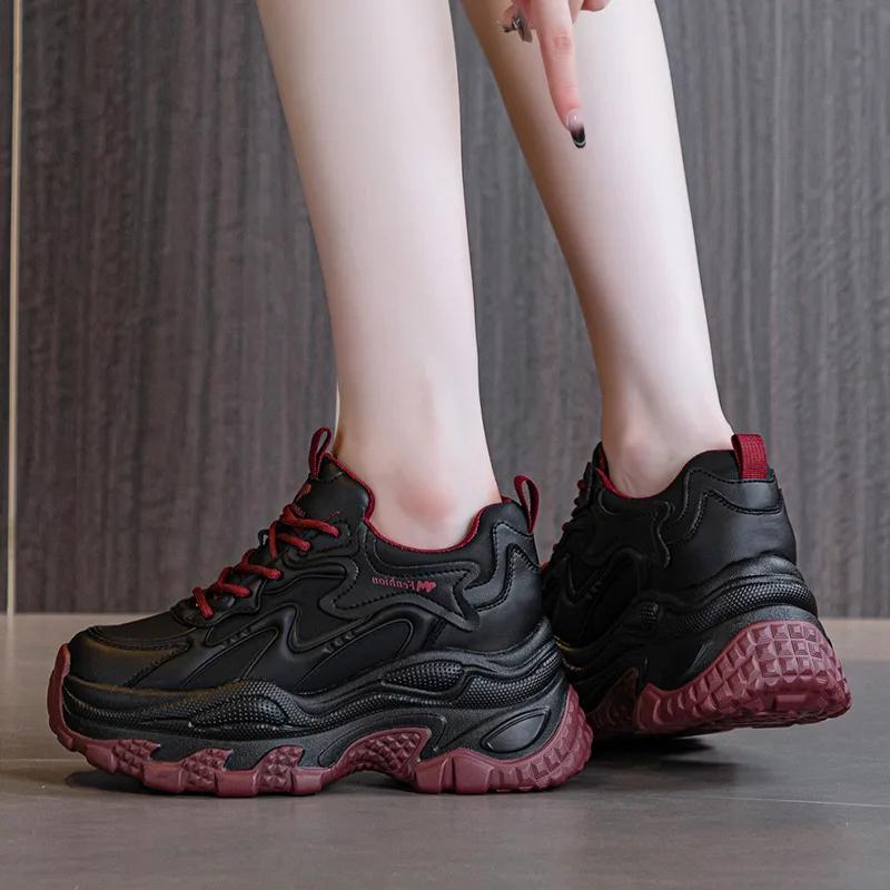 Fashion 9cm Microfiber Synthetic Leather Spring Ankle Booties Moccasins Fashion Shoes Autumn Boots Chunky Sneakers Women Chimney