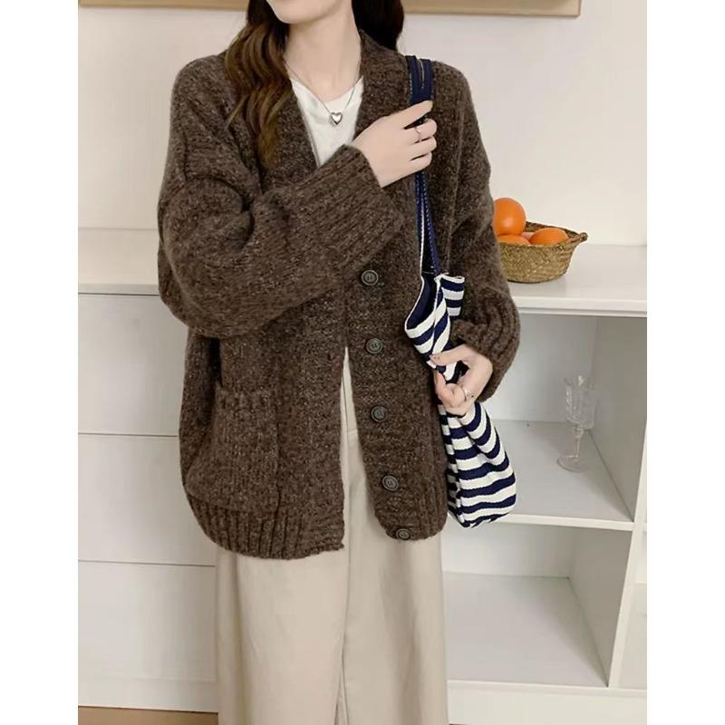 Ленивый ветер вязаный кардиган женская одежда осень и зима новый свободный повседневный утолщенный свитер на пуговицах с V-образным вырезом женский