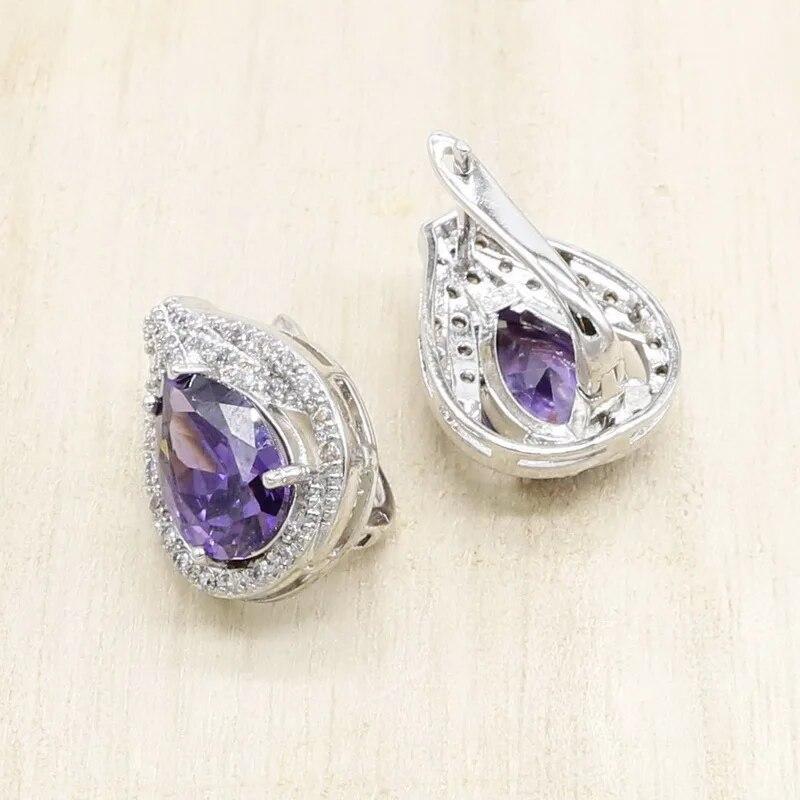 Bridal Jewelry Sets For Women Purple Zircon Bracelet Hoop Earrings Necklace Pendant Rings