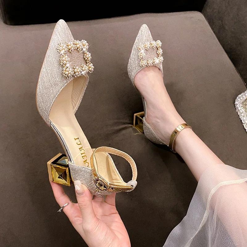 Fashion New High Heels Pearl Shoes Ladies Pointed Toe Ankle Buckle Strap Party Dress High Heels Women Solid Color Women Sandals