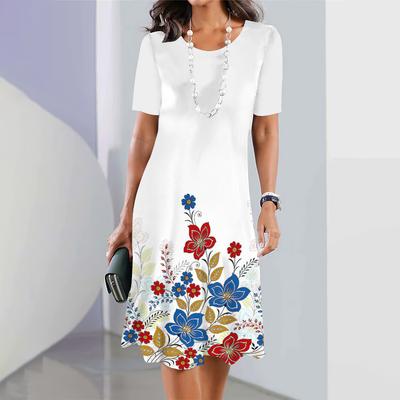 Летние платья с короткими рукавами, стильное женское платье, свободная юбка трапециевидной формы, женская одежда с цветным принтом, повседневный пуловер с круглым воротником