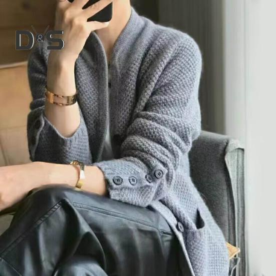 Женское зимнее пальто, трикотажное, утолщенное, однобортное, однотонное, с карманами, воротником-стойкой, теплым, с пуговицами, кардиганом, повседневная одежда, свитер, куртка для отдыха на природе