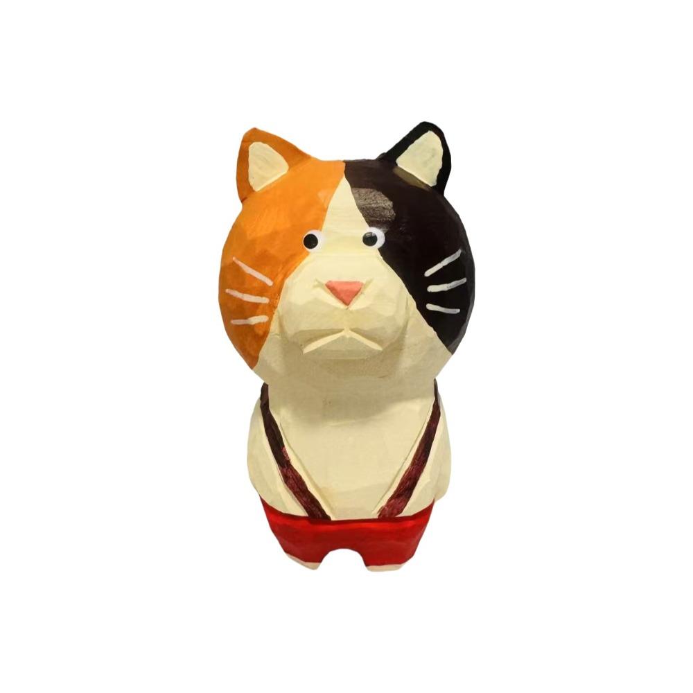 Handmade Wood Carving Cat Ornament Cartoon Cat Figurines Painted Cat Sculpture  Home Decoration