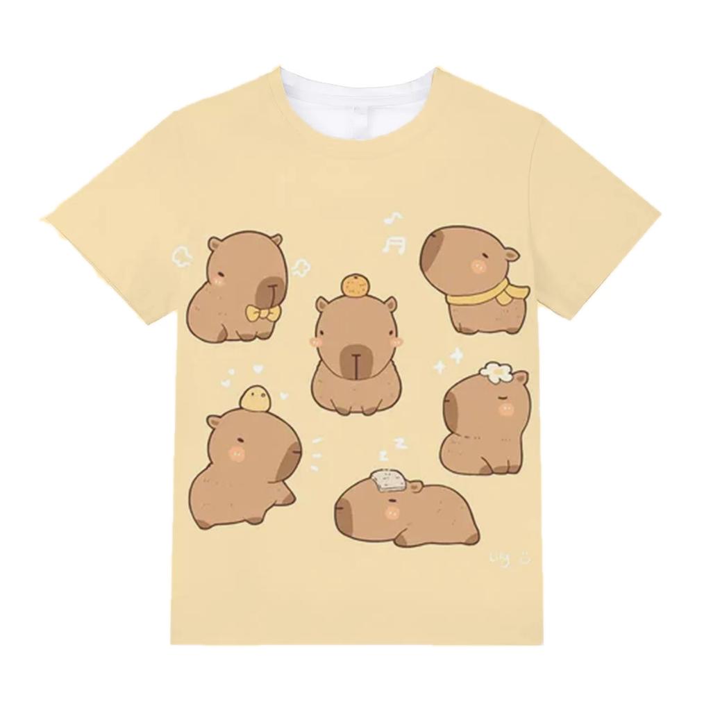 Детская одежда с коротким рукавом, милый принт капибары, детская летняя одежда, модная одежда для мальчиков и девочек из мультфильмов, уличная одежда, топы с круглым вырезом