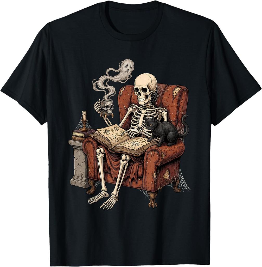 Funny Skeleton Reading Book Cat Coffee Halloween Gothic T-Shirt