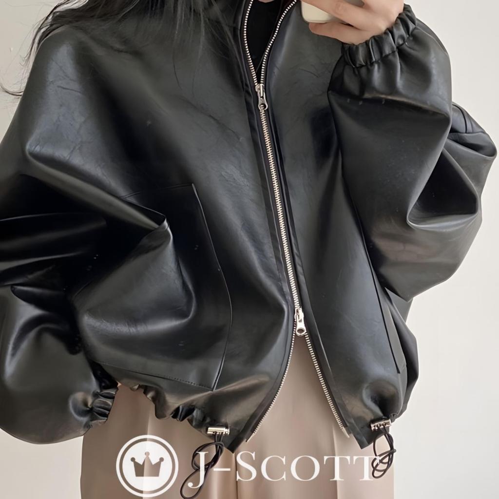 Loose Fit Blouson Faux Leather Volume Loose Leather Body Light Delicate Voluminous Black [J-Scott] Jacket, Sleeves, Zip-up, Lined, Feel, Stand-up