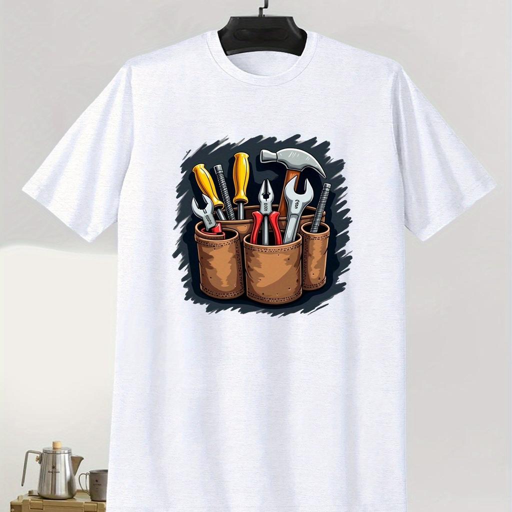 Men's Casual Short Sleeve T-Shirt with Tool Belt Tools Graphic Print Summer Tee Vibrant Blue Regular Fit Machine Washable