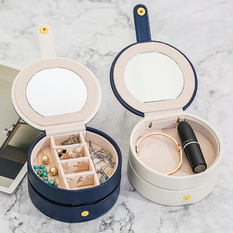 Travel Organizer Case White Round Jewelry Storage Box Ear Studs Necklace Ring Box Waterproof Double Layer Flannel With Mirror
