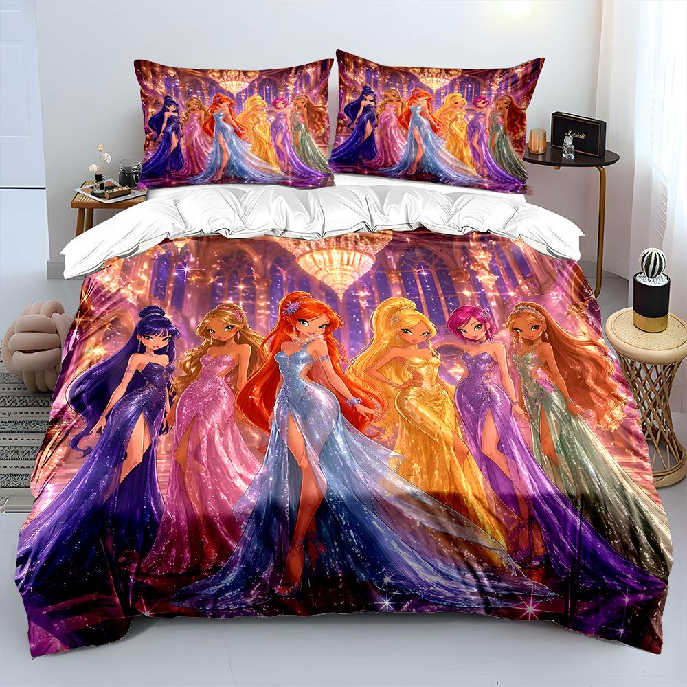 Beautiful Girls W-winx Cartoon Pattern Duvet Cover Set Digital Print Colorful Polyester Bedding with Zipper Closur for Kids Gift