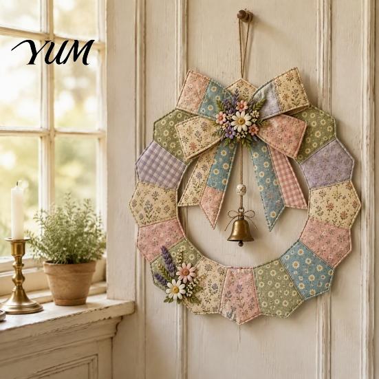 Creative Handmade Gift Ideas DIY Patchwork Garland Crafting Kit, Retro Floral Fabric Set with Bells Holiday Welcome Wreath Craft And Simulated