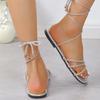 Женская обувь 2025 года, женские сандалии с узкой шнуровкой, модные повседневные женские туфли с кристаллами, летняя обувь больших размеров, элегантные сандалии на плоской подошве