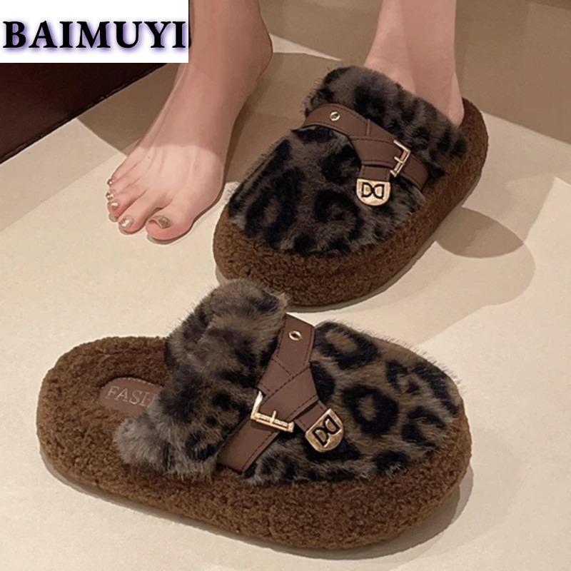 Леопардовый женский балетки на платформе меховые тапочки домашняя хлопковая обувь зимняя повседневная обувь мюли 2025 тренд новые шлепанцы Zapatillas Mujer