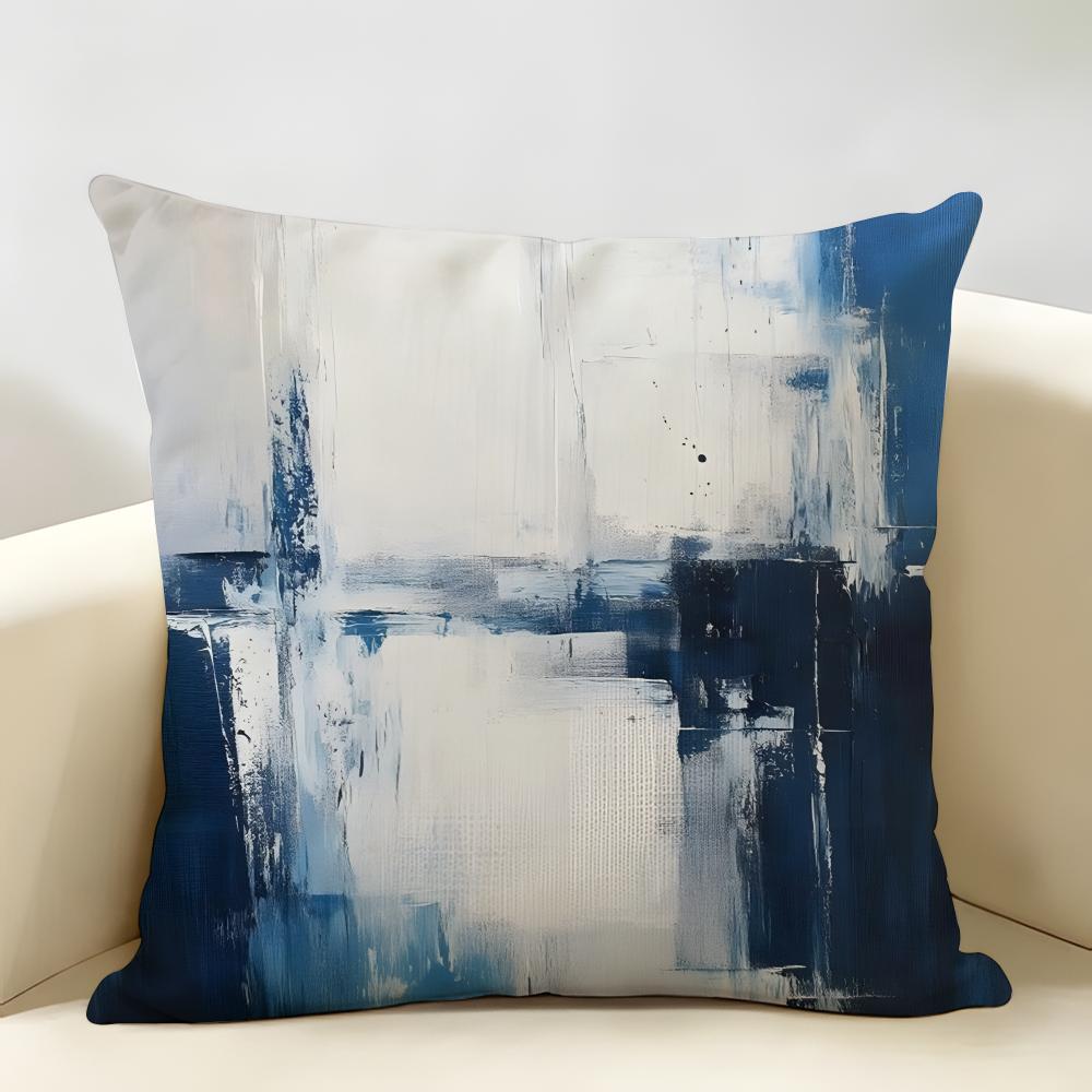 Alricc Blue Gray Abstract Art Cushion Cover Natural Linen Organic Fabric Double-Sided Printing Breathable Perfect For Home Decor