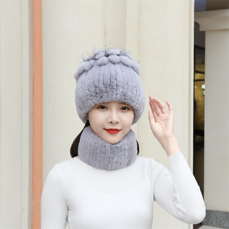 Knitted Women Warm Rex Rabbit Fur Hat Scarf Sets Winter Natural Rex Rabbit Fur Cap Scarves Russia Lady Fur Hats Muffler 2 Pieces