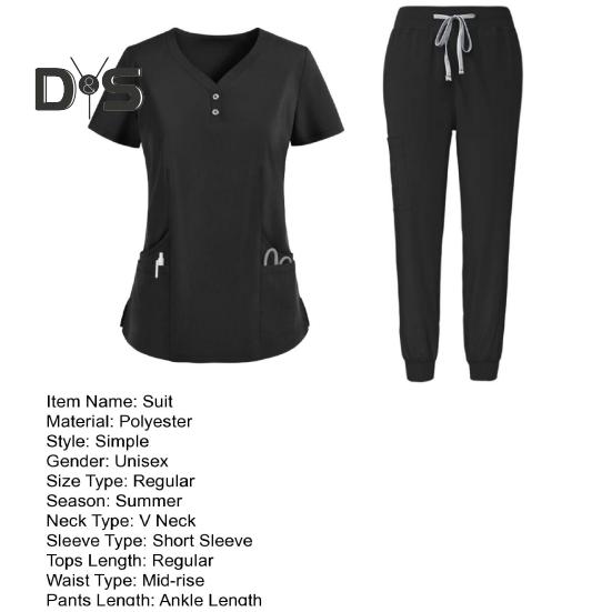 2Pcs/Set Unisex Hospital Uniform Set V-neck Short Sleeve Pockets Tops Elastic Waist Pants Set Quick Drying Hospital Dental Nursing Scrubs Uniforms