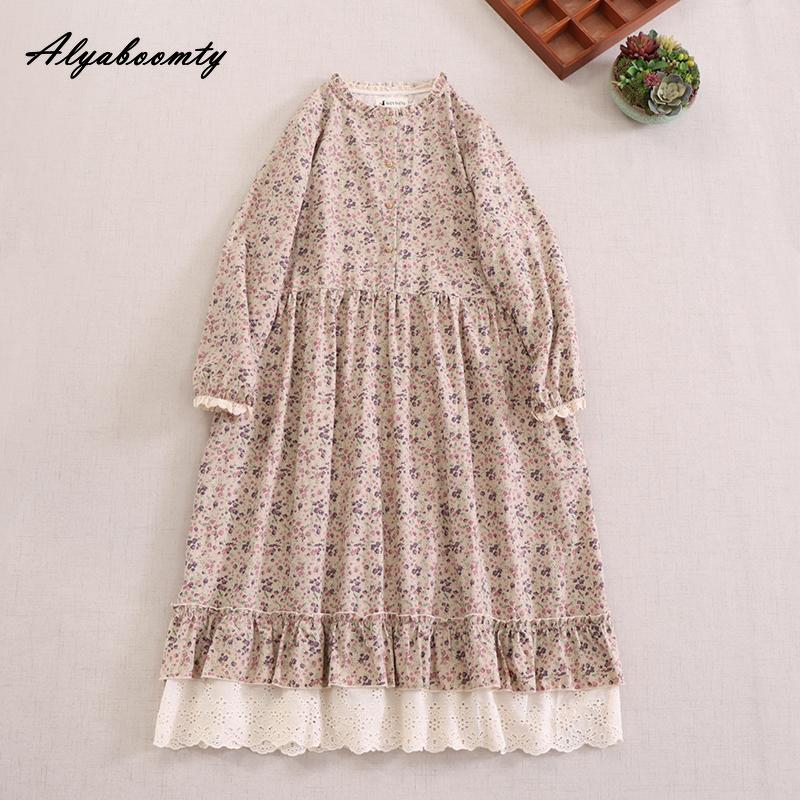 Mori Girl, весенне-осеннее женское платье в стиле ретро с воротником-стойкой, синее, абрикосовое, кофейное, с цветочным принтом, хлопковое и льняное винтажное свободное платье миди