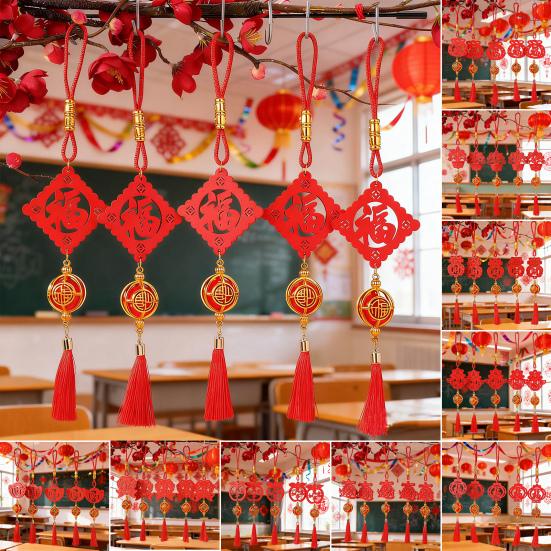 Украшения на китайский Новый год Деревянные таблички-подвески с кисточками Красный подвес «Удача» Фу для дома, офиса, весеннего фестиваля, для комнатных растений бонсай