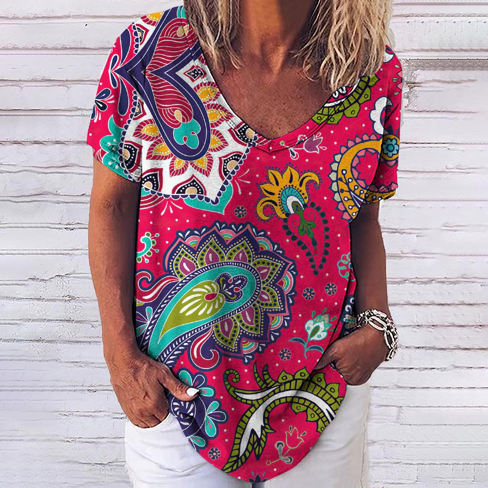 Винтажный принт топ женский с короткими рукавами уличная летняя футболка женская мода повседневная футболка с V-образным вырезом Y2k свободная женская одежда