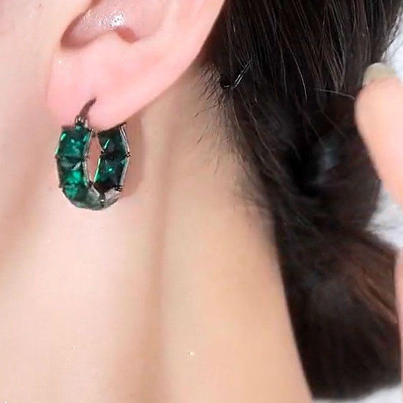 Square Green Grey Crystal Round Hoop Earrings for Women Men Black Gold Color Zircon Ear Buckle Wedding Party Jewelry Antique