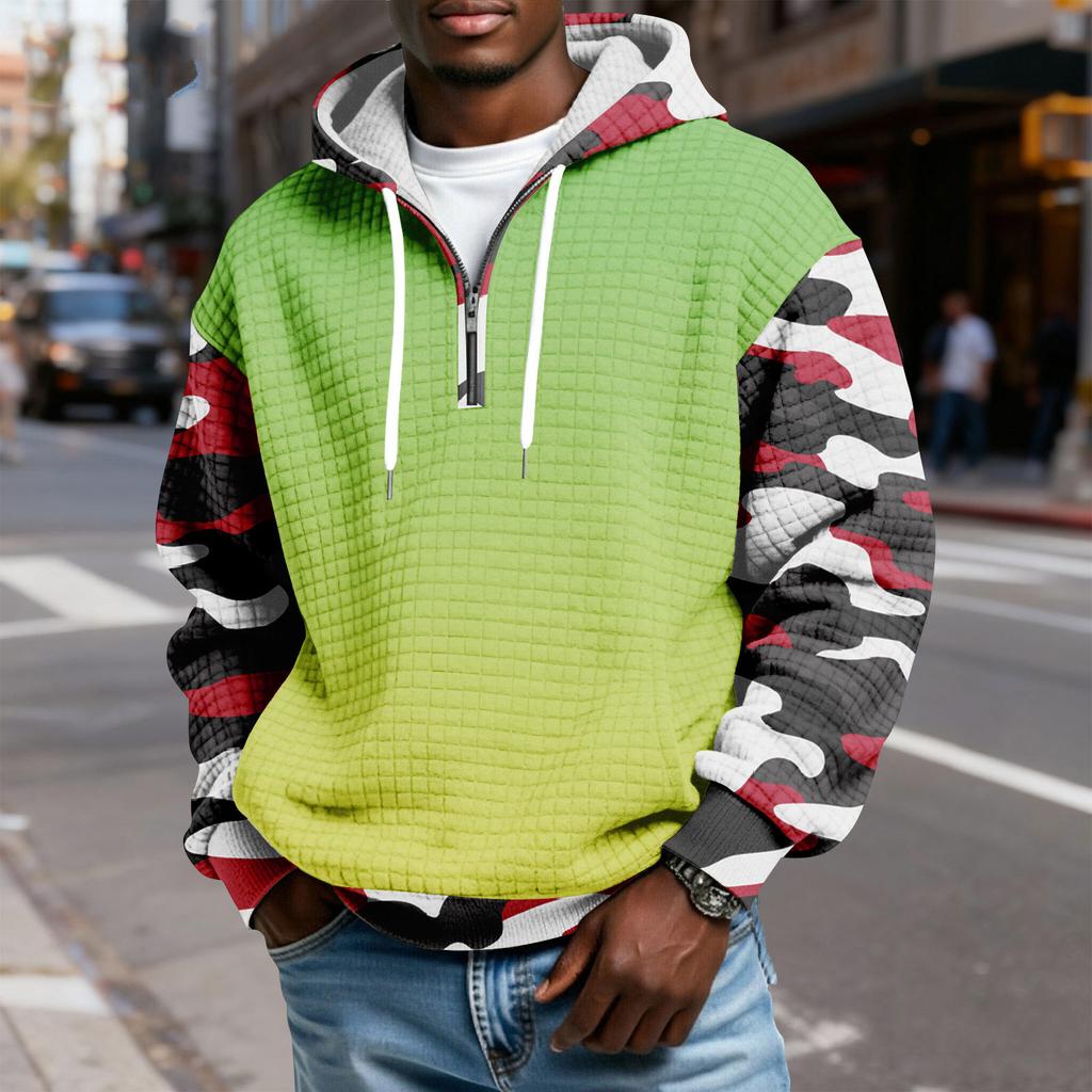 Мужской худи-пуловер в клетку с капюшоном на молнии до середины, со шнурком и принтом, повседневная спортивная толстовка