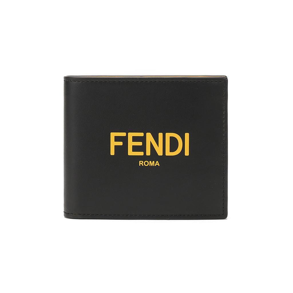 Fendi Черно-желтый мужской короткий кошелек из телячьей кожи с двойным сложением и логотипом