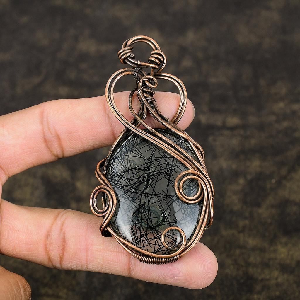 Natural Black Rutile Gemstone Handmade Copper Wire Wrap Pendant 3.39 T7q46
