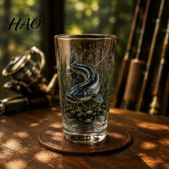 Glass Water Cup Fishing Pint Cup, Realistic Jumping Fish Pattern Design, Thickened Personalized Presents Creative for Outdoor Camping And Cabin Decor