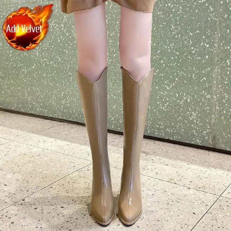Осенние туфли до колена с высоким голенищем, женская зима 2024 года, средний каблук, акция Y2k, шикарные и элегантные модные ботинки, длинные сапоги для женщин