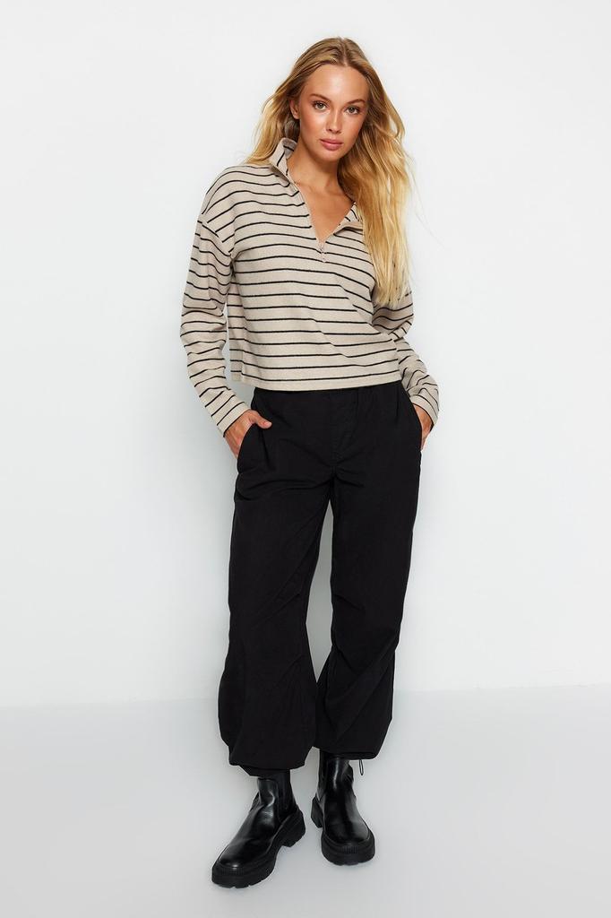 Women's Fashionable Stylish Sweatshirt Black Thessaloniki Knitwear Look Zipper Collar Regular Normal Fit Knitted Sweatshirt