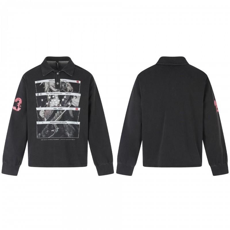 Unisex Vintage Washed Graphic Print Collared Long Sleeve Tee Cotton Blend Casual Top Men Women