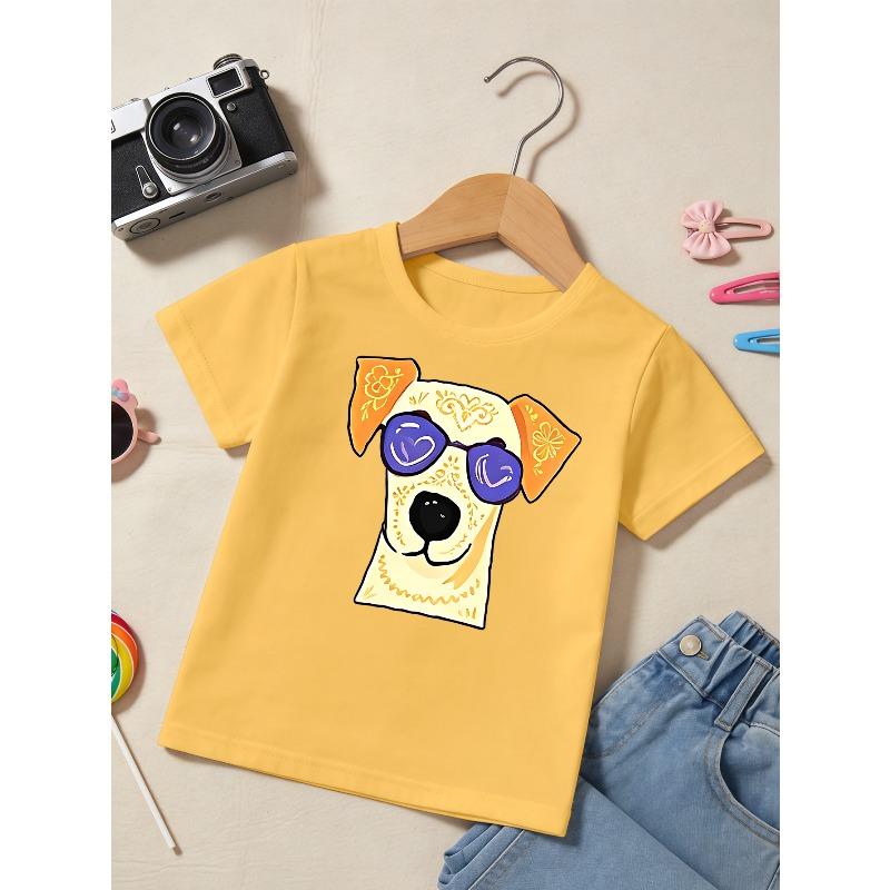 Kids White Crewneck Summer Tee, Cool Dog with Sunglasses Print Casual Short Sleeve Kids Top