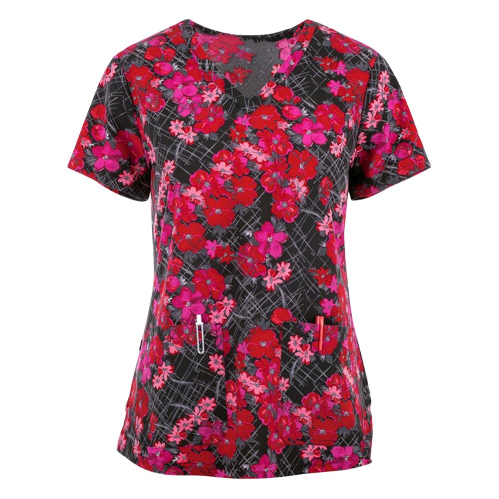 Floral Nursing Scrubs Tops Women Working Uniform Blouse Short Sleeve V-neck Uniform Blusas Nursing Clothes Nurses Tunic Uniform