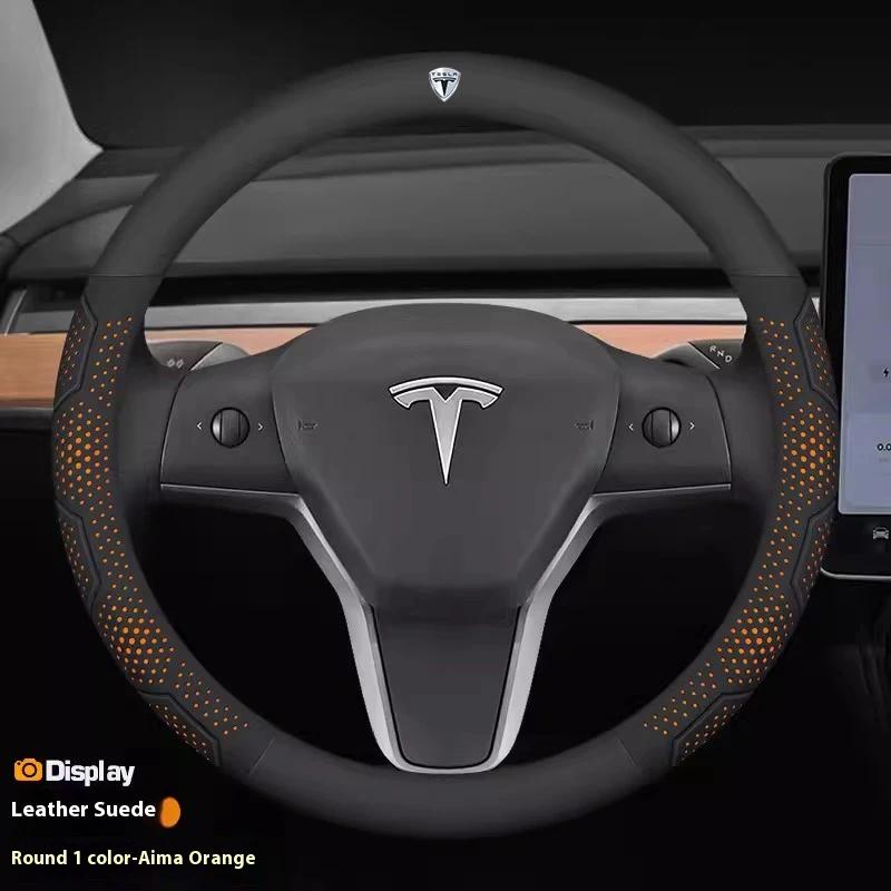 ALM1 Tesla Model 3 Y S Model X Roadster Car Carbon Fiber Suede Leather Anti-slip Breathable Car Steering Wheel Cover Auto Accessories