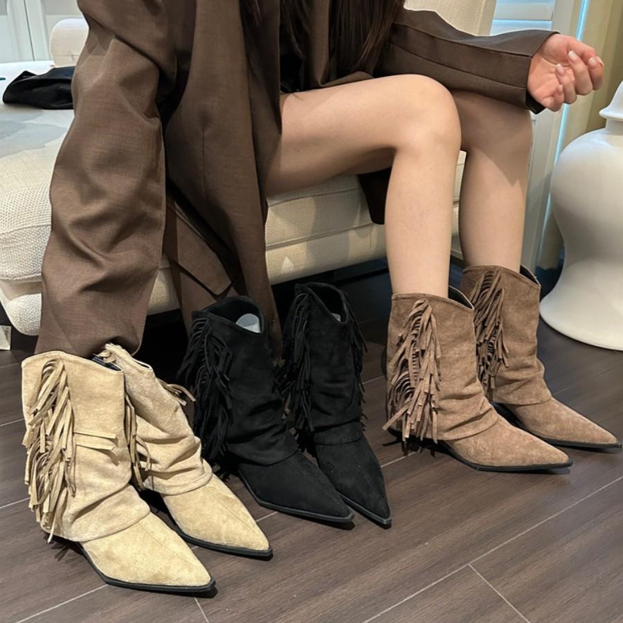 Coarse heel V-mouth western cowboy boots women's boots 2025 new spring and autumn versatile pointed retro spring and autumn short boots