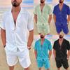 Fashion Men's Casual Two-piece Summer Lapel Cotton Linen Solid Colour Short Sleeve Shorts Suit