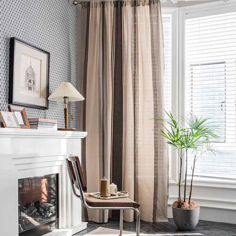 American Cotton Linen Stripe Thick Blackout Home Window Curtains with Tassel Bedroom Kitchen Drapes Living Room Shading Curtain