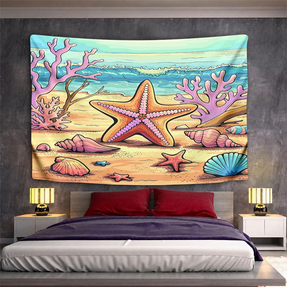 "Colorful Starfish and Seashell Beach Scene" Pattern Wall Hanging Tapestry Decorative Tapestry Home Decor for Bedroom and Living Room