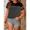 Contrast Striped Short Sleeved Summer New Round Neck Pullover for Age Reducing Top, Slimming Casual T-shirt for Women In Black