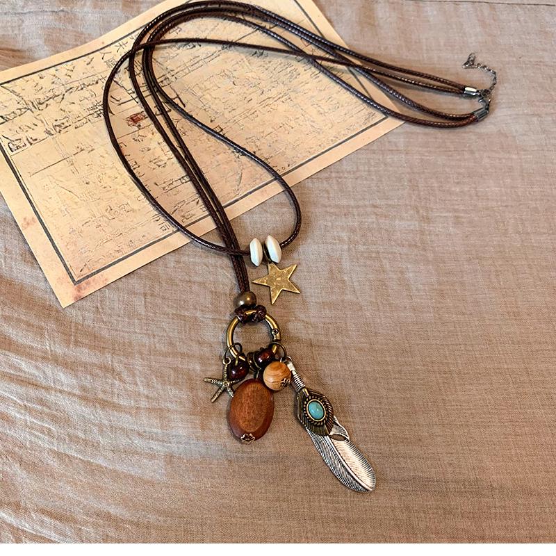 New Retro Feather Necklace, Ethnic Style, Layered Bead, Collarbone Chain, Long Bohemian Accessory