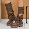 Мода Осень Зима 2025 Модные Плиссированные Рыцарские Сапоги Декор Пряжками ПУ Кожа До Середины Икры Женские Ботфорты Массивная Платформа Вестерн Сапоги