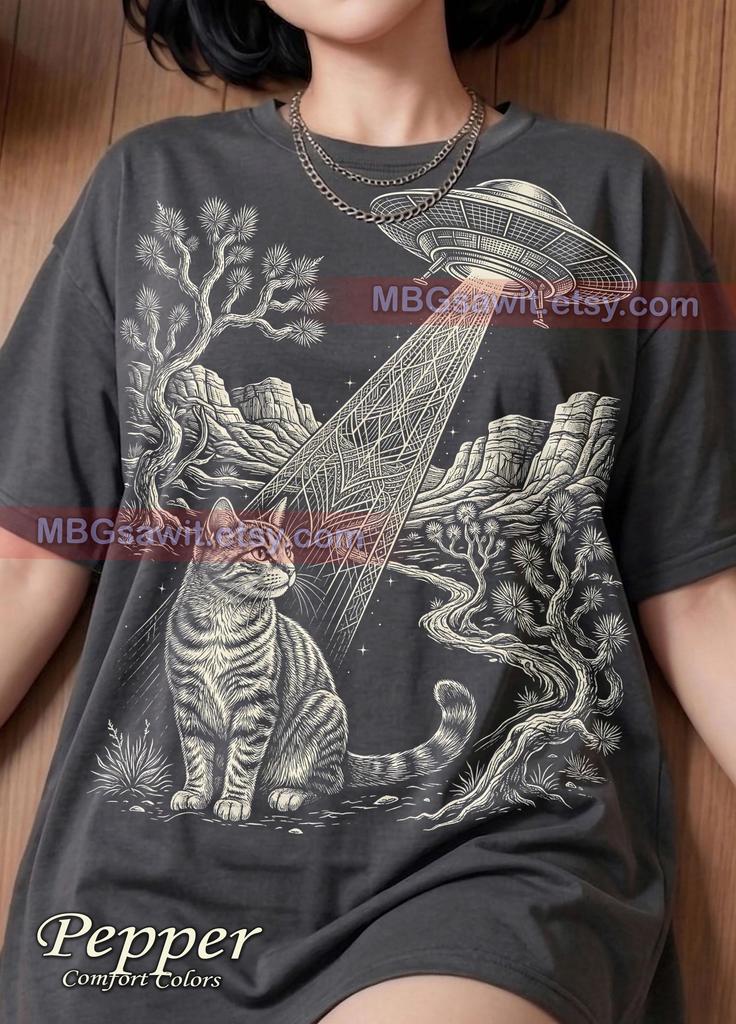 Alien UFO Tabby Cat Joshua Tree Desert Comfort Colors® Tshirt, Landscape Sci-Fi Feline Extraterrestrial Vintage Space Art Tee