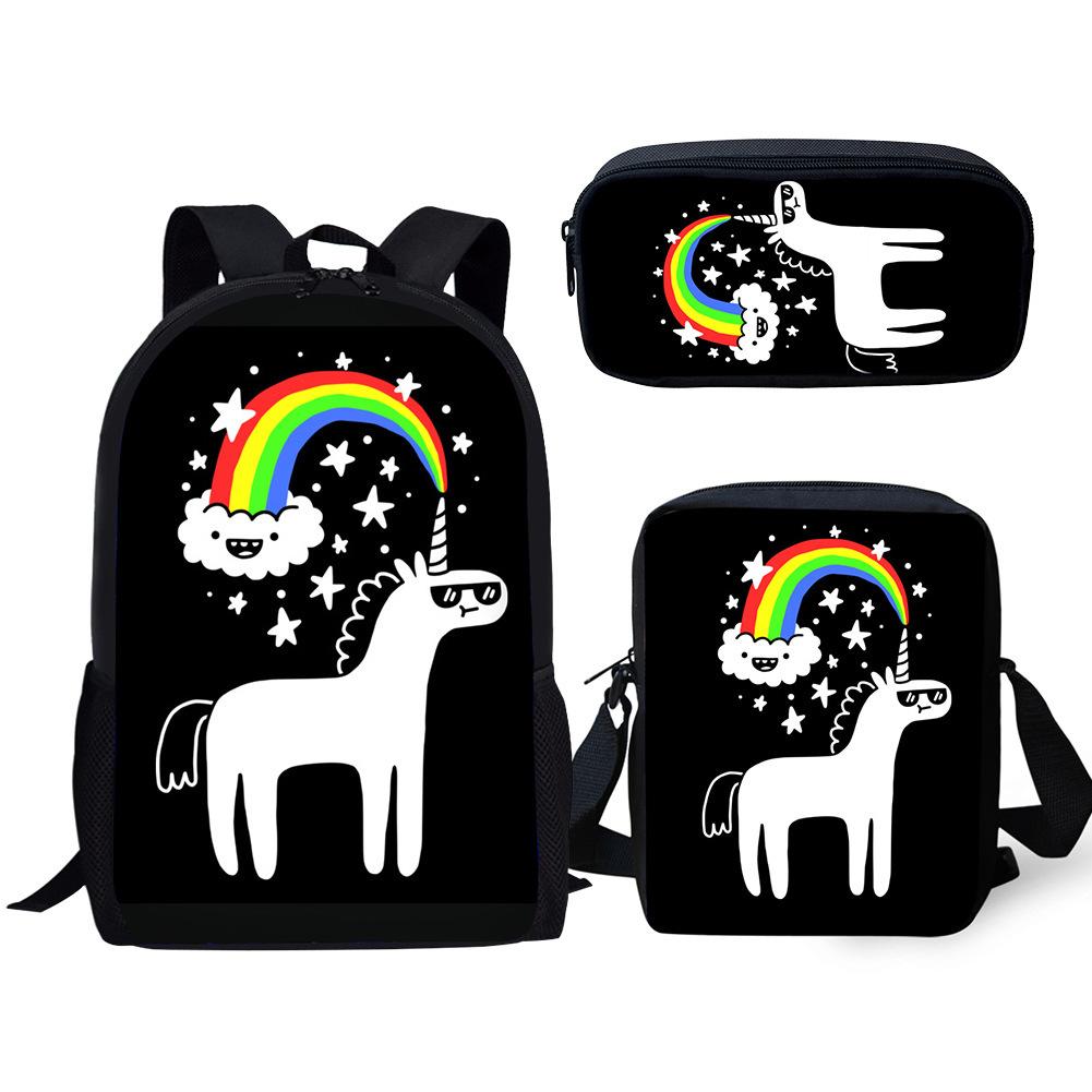 Fashion Novelty Rainbow Unicorn 3D Print 3pcs/Set Pupil School Bags Laptop Daypack Backpack Inclined Shoulder Bag Pencil Case